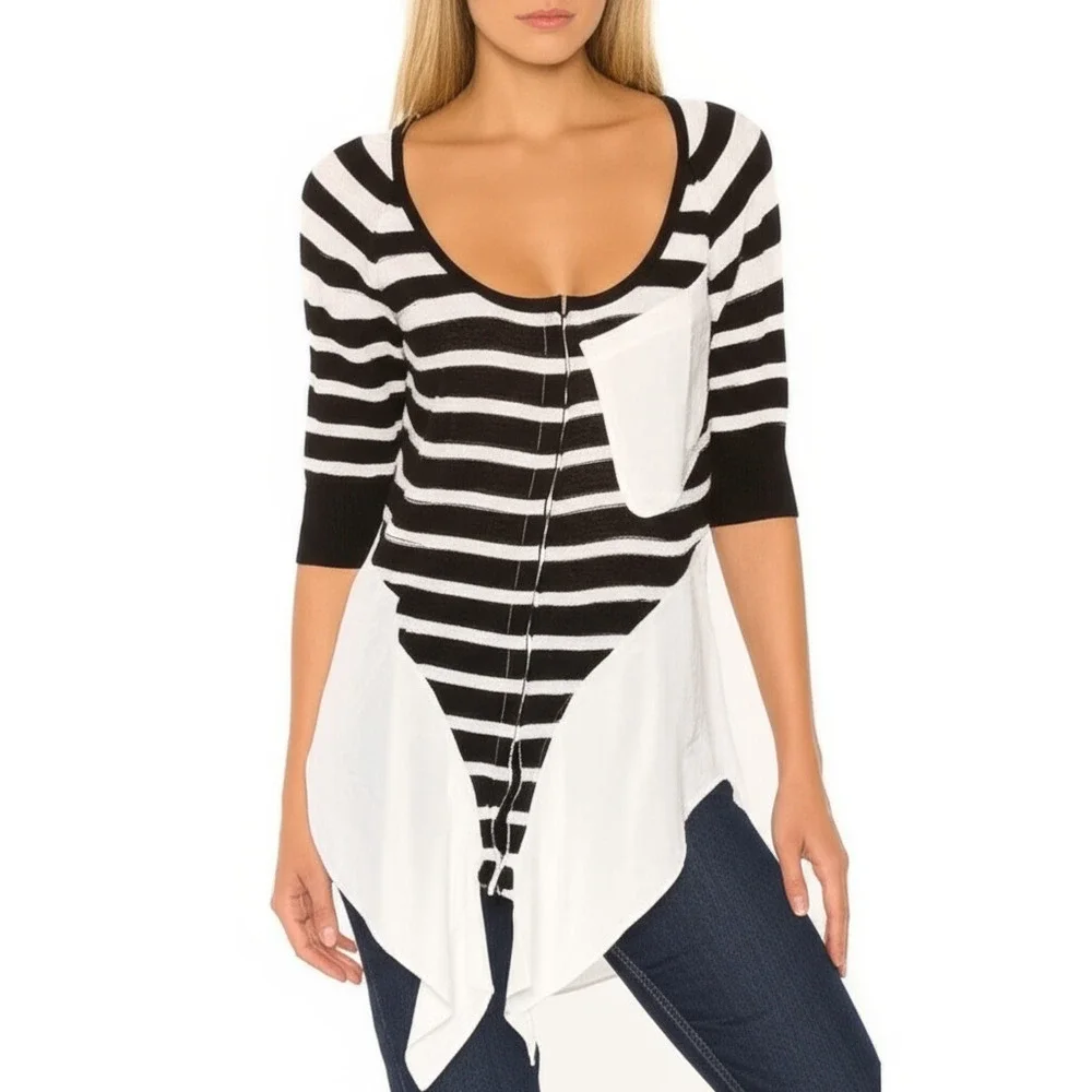 Free People‎ Knit Blouse Black White Striped Tie Front Boho Casual Size XS